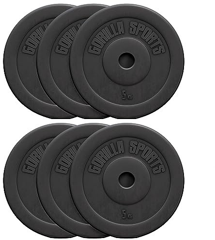 GORILLA SPORTS® Discos Pesas - Set de 30kg (6x5kg), Ajustables, Cemento y Plástico, Ø31mm - Juego de Pesas, Gimnasio en Casa, Conjunto, Kit, Weights, Pesa Fitness, Equipamiento, Musculación, Gym