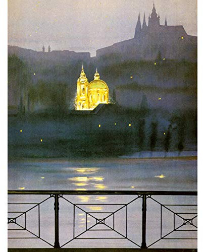 Bumblebeaver Prague VTLAVA River Gold Church Spire Dome Dusk Art Print Poster PRAG Fluss Kirche Kunstdruck