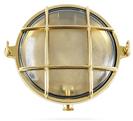 Foresti & Suardi Runde Maritime Schiffslampe aus poliertem Messing, ø 155 mm, IP 54, für E14 Sockel (klares Glas)