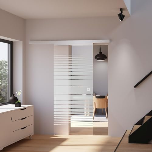 inova Glas-Schiebetür 880 x 2035 mm Streifen Design Alu Komplettset mit Lauf-Schiene und Quadratgriff inkl. Softlcose