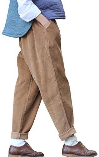 Youlee Donna Elastico Vita Velluto a Coste Pantaloni con Tasche caffè L