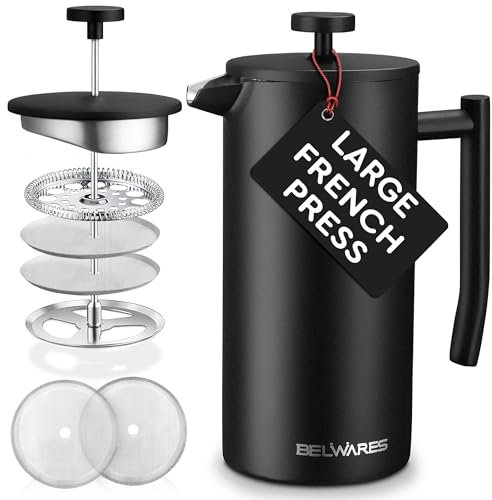 belwares gran prensa francesa cafetera con extra filtros para un más y más café sabor, Diseñado con doble pared acero inoxidable negro a preservar Temperatura de café caliente