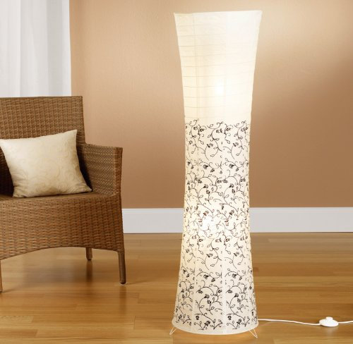 Trango 1240L Design Stehlampe *KOS* Reispapierlampe *HANDMADE* in weiß mit floralem Motiv inkl. 2x 5 Watt E14 LED Leuchtmittel - Form: Rund - Höhe: ca. 125cm Wohnraumlampe - Stehleuchte - Reispapier