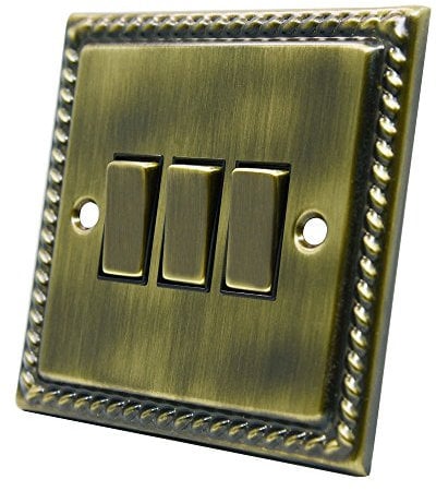 Georgian Antique Brass 3 Gang Switch - 10 Amp Triple 3-Gang 2 Way Light Switch