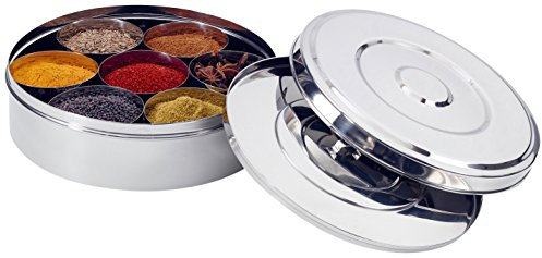 Zinel 7116 Spice Box/Masala Dabba with 7 Comparments and 2 Stainless Steel Lid, 22 cm, Silver