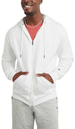 Champion Men's Powerblend Full-Zip Hoodie Warm Up or Track Jacket, White, Medium