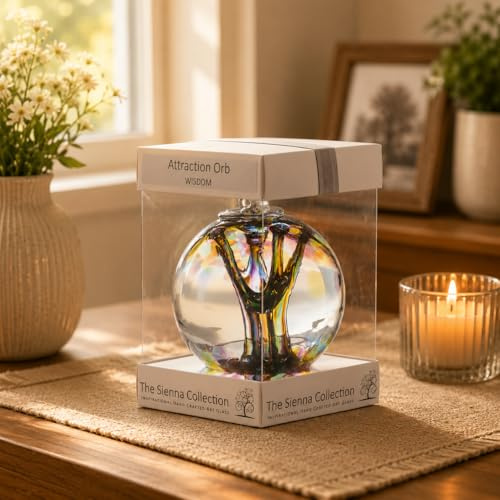 Sienna Glass Attraction Orb – 10cm Handcrafted Mouth-Blown Glass Ornament – Wisdom – Hanging Window Decoration – Keepsake Gift Boxed with Ribbon