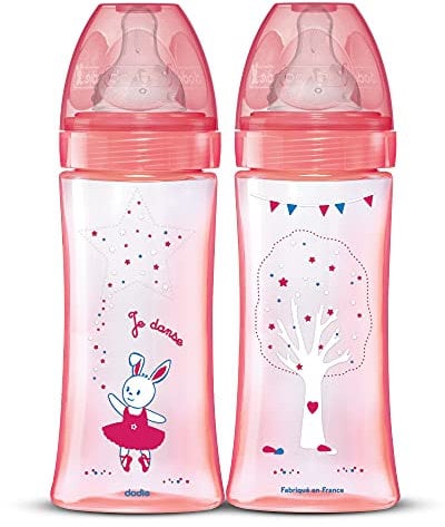 DODIE Lot de 2 Biberons Anti-Coliques Tétines Rondes 330mL +6 mois 3 vitesses Débit 3 - Rose