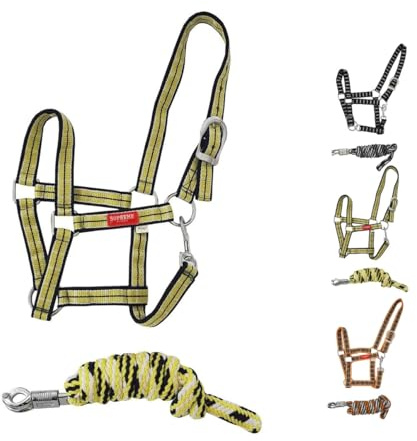 NETPROSHOP 1 Set Pferde Halfter und Strick Gemustert - Pony oder Full, Groesse:Full, Farbe:Gelb/Dunkelblau