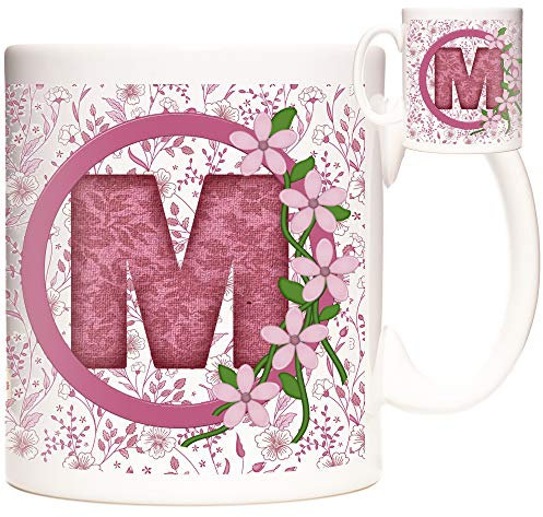 Letter M Gift Mug, Monogram M Mug, Alphabet Letter M Mug, Birthday or Celebration Gift for People Who's Name Begins with M. Pink Flower Design Mug,
