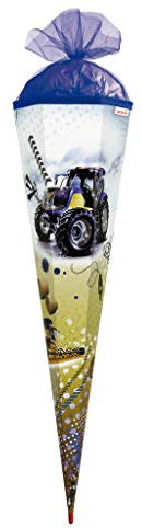 ROHT Schultüte groß Traktor mit Silberfolie 85cm 6-eckig Tüll-Verschluss blau