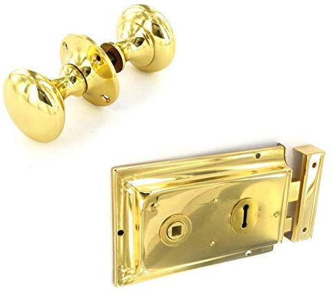 Polished Brass Rim Lock Door Rim Knob Locking Handle Set
