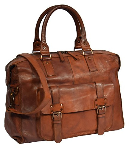Holdall Travel Duffle Real Leather Cabin Size Bag Lightweight HOL7799 Tan