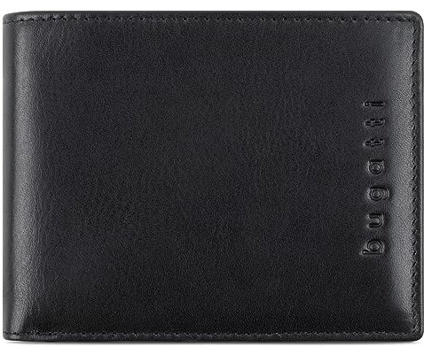 bugatti Romano Geldbörse mit RFID-Blocker, Portemonnaie aus robustem Rindleder Querformat, Geldtasche für Herren, schwarz