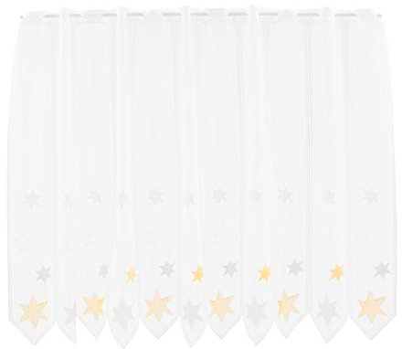 Scheibengardinen Höhe Variabel Scheibengardine Sterne 90 cm hoch weiß mit gelb/grau - Wunschbreite frei wählbar durch gekaufte Menge in 28 cm Schritten - Meterware
