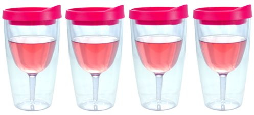 Southern Homewares 2Go Isolierter Vino doppelwandiger Weinbecher aus Acryl mit rosa Trinkdeckel, 473 ml, 4 Stück