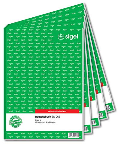 SIGEL SD063/5 Bautagebuch A4, 3x40 Blatt, selbstdurchschreibend, 5 Stück, mikroperforiert, mit Abheftlochung, aus nachhaltigem Papier