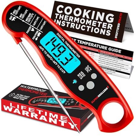 Instant Read BBQ Meat Thermometer For Grill And Cooking. Sold In Elegant Gift Box. Best Ultra Fast Digital Food Probe. Includes Internal Meat Temperature Guide. By Alpha Grillers