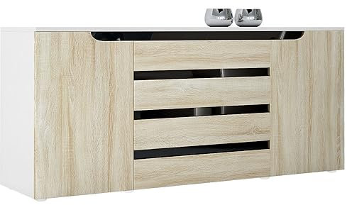 Vladon Sideboard Kommode Sylt V2, Made in Germany, Korpus in Weiß matt/Front in Eiche sägerau mit Absetzungen in Schwarz Hochglanz (166 x 72 x 35)