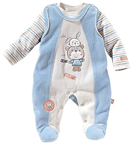 Bornino Nicki-Strampler-Set Bär und Hase, Strampler für Jungen, langarm, eingestickt, Baumwolle-Polyester-Mix, Hellblau/Beige