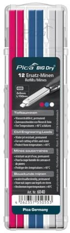 Pica 6040 I Spezial Tiefbau Ersatz-Minen für Big Dry 6060 I 4x rot 4x blau 4x weiß, I Wasserstrahlfest I permanent, ideal zum Nassschneiden I 2x5 mm I12 Stück