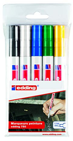 edding 750 Marqueur peinture - mulit-couleur - étui de 5 - pointe ronde 2-4 mm - pour l'étiquetage du métal, verre, roche ou du plastique - résistant à la chaleur, permanent et étanche
