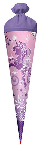 ROTH Schultüte groß Purple Unicorn - Glitter 70 cm - rund Rot(h)-Spitze Filzverschluss - Zuckertüte Einhorn Glitzer Schulanfang