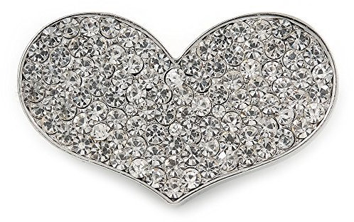 Avalaya Broche plaquée argent en forme de cœur serti de cristaux transparents – 47 mm
