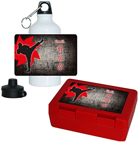 Eurofoto Brotdose + Trinkflasche Set mit Namen Emil und schönem Ninja-Motiv für Jungen | Frühstücks-Set für Schule und Kindergarten | Aluminium-Trinkflasche | Lunchbox | Vesper-Box