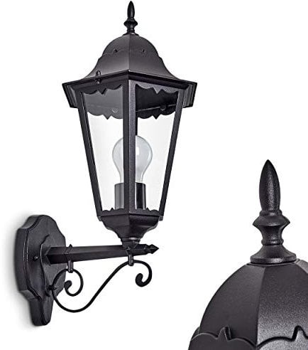 Außenwandleuchte Hongkong, Wandlampe aufwärts in antikem Look, Aluguß, Schwarz matt m. Klarglas-Scheiben, Wandleuchte m. E27-Fassung, Retro/Vintage Außenleuchte für Terrasse u. Hof, ohne Leuchtmittel