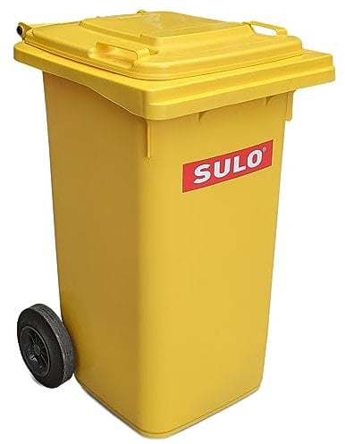 SULO 120 Liter Gelbe Tonne Müllbehälter Mülltonne Abfalltonne Gelb Für alle DIN-Klammschüttungen Made in Germany Extra Starker Kunststoff Leise Vollgummiräder Leicht zu Reinigen UV-Fest Rost Fest Verrottungsfest