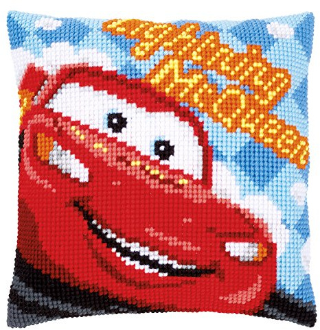 Vervaco PN-0014609 Kreuzstichkissen Lightning McQueen Kreuzstickpackung vorgedruckt, Stramin, Weiß, 40 x 0, 30 cm