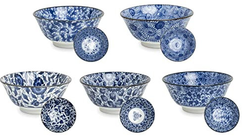 AAF Nommel®, Matcha - Reisschalen 5-er Set Japan Porzellan blau weiss Blumen, Nr. 070