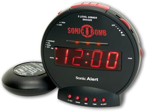 Geemarc Sonic Bomb - Réveil avec Alarme Super Puissante, Coussin Vibrant et Fonction Répétition de Sonnerie - Pour les Personnes Malentendantes et les Gros Dormeurs - Version FR