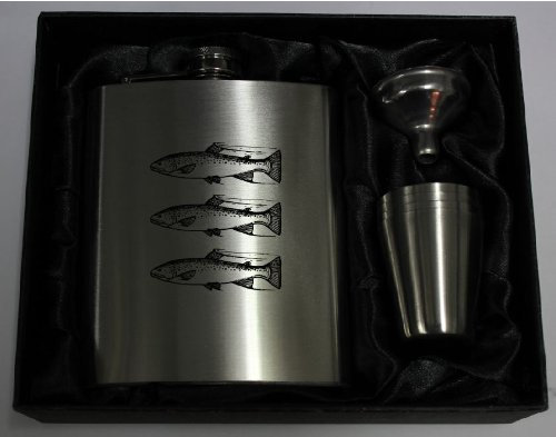 7oz Hip Flask FISHING with 4 cups HF13 can be Personalised Engraved Free in silk lined gift box