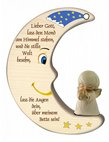 MaMeMi MOND MIT Schutzengel KINDERGEBET Holz Alabaster 12 x 9 cm für Jungen und Mädchen mit Büchlein zur Taufe oder Geburt