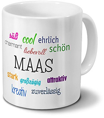 printplanet Tasse mit Namen Maas - Motiv Positive Eigenschaften - Namenstasse, Kaffeebecher, Mug, Becher, Kaffeetasse - Farbe Weiß