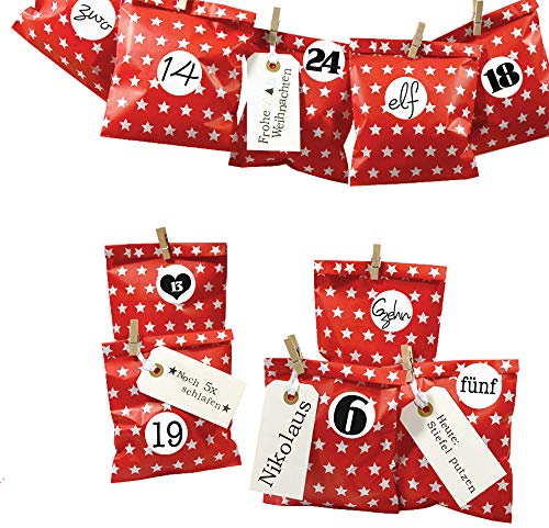 Frau WUNDERVoll® DIY Adventskalender zum Befüllen Bescherung: Set Stern 125, Papiertueten flach 13x16,5cm, rot Stern, Ziffern schwarz-weiß