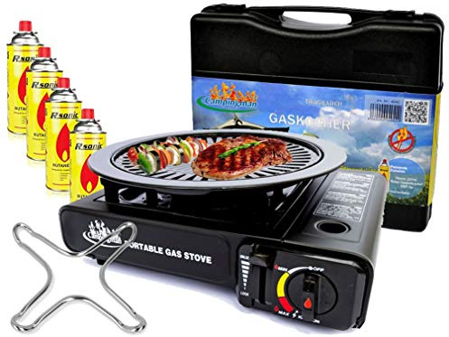 Gaskocher Campingkocher + 4X Gaskartuschen + Gasherdkreuz + Tragekoffer (Farbe Schwarz, Rot, Blau oder Grau) | für Camping, Garten oder Festival!