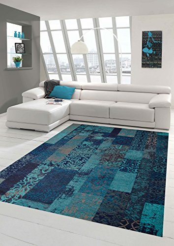 Teppich-Traum Moderner Läufer - 80 x 250 cm - mit orientalischem Karomuster in frischem Türkis Blau und Schwarz: Orientalische Eleganz Größe 80 x 250 cm