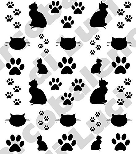 AWS Set Water Pfote Katze Fingerprint Packungsbeilage Welpe Kätzchen Nägel Nail Art Aufkleber Silhouette übertragbar Wasser Sheet of Cat Paw Stickers Tatze Varianten Cat Paws selbstklebend, schwarz