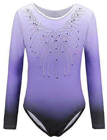 Sinoem Gymnastikanzug für Mädchen von 5 bis 12 Jahren, langärmelig, mit Farbverlauf und Glitzer. Für Tanz, Ballet, Turnen. 8 Jahre Violett-langarm