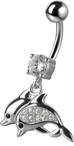 PIERCINGO® 2 ZWEI DELFIN DELPHIN DOLPHIN FISCH WEISS Bauchnabel-piercing ECHT-SILBER 925er ZIRKONIA-KRISTALL Anhänger Chirurgen-Stahl 316L Edelstahl Banane Bananabell Bauch Nabel-Piercing 1.6 x 10mm
