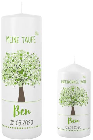 Striefchen® Taufkerze 250/80 mm mit Lebensbaum und Aufdruck des Namen und Datum sowie Taufspruch Set mit Patenkerze Grün