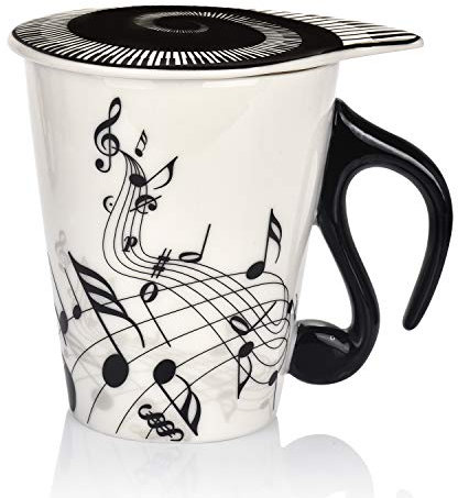 12.9 oz Music Mug Musical Notes Design Unique Handle with Cool Themed Lid, Tea Coffee Milk Ceramic Cup - Music Lovers Gift for Women, Men, Friends