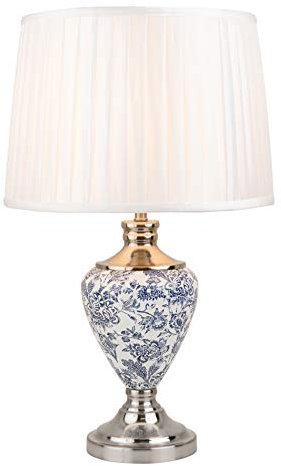 Lighting Supermarket Hepburn Large Ceramic Table Lamp with Ivory Pleated Shade - Modern White, Blue Silver