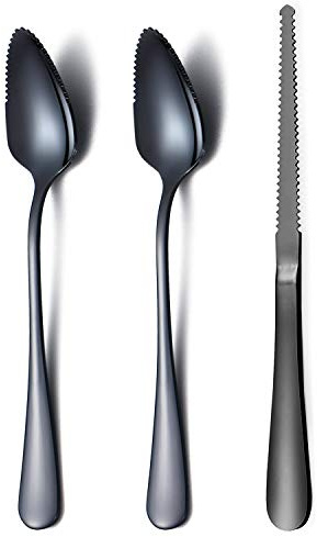 Black Grapefruit Spoons 3 Pieces Set, 2 Stainless Steel Grapefruit Spoon And 1 Grapefruit knife With Titanium Plating, Grapefruit Utensil Set, Serrated Edges Spoon pack of 3 (Black)
