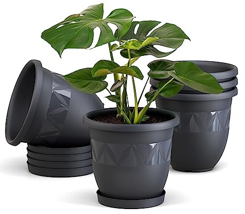 Plastard Blumentöpfe 5er Set 21 cm Durchmesser Anthrazit runder Pflanzkübel mit Untersetzer aus Kunststoff witterungsbeständiger Übertopf großer Blumentopf