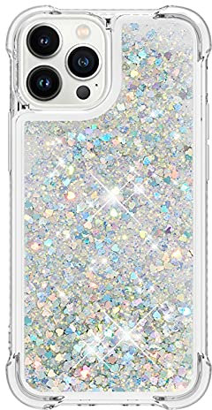 iPhone 13 Pro Max Case Glitter, 3D Bling Sparkle Quicksand Flowing Liquid Clear Transparent TPU Gel Silicone ShockProof Protective Phone Case for iPhone 13 Pro Max Cover Girls, Silver