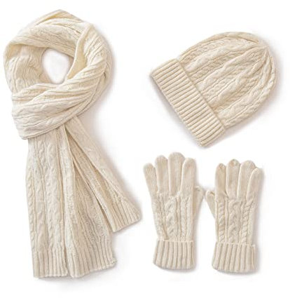 Villand 3 in 1 Damen Wolle Mütze, Schal & Handschuh Winter Sets, 3-teilige Zopfstrickmütze für Damen mit Geschenkbox (Beige)